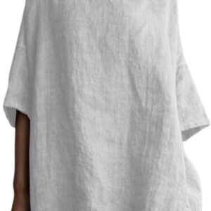 Cotton Linen Tops for Women Casual Crewneck Half Sleeve Blouse Plus Size Loose Fit Solid Dressy Shirt