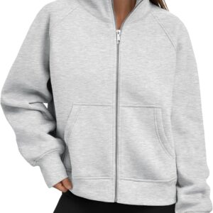 Women Zip Up  Hoodies Cropped Sweatshirts Fall Fashion | No Hood Stand Collar Jacket with Pockets, Soft Fleece Layering Clothes, Airport Streetwear Loungewear Outfits