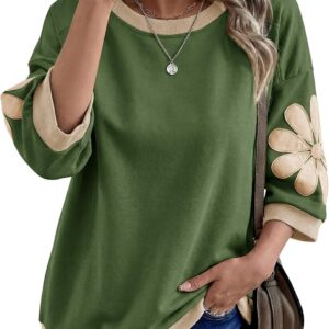 Women Oversized 3/4 Sleeve Sweatshirt Floral Patch Crewneck Pullover Casual Tops