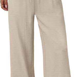 Wide Leg Pants for Women Flowy Drawstring Elastic Waist Trousers with Pockets Summer Beach Vacation Clothes