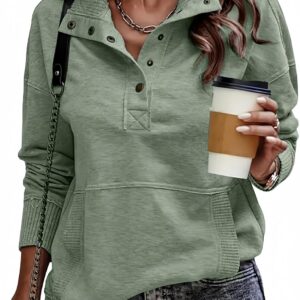 Women Casual Long Sleeve Stand Neck Sweatshirt Lightweight Button Drawstring Pullover Tops | Long Sleeve, V Neck, Button , Stand Neck, Lightweight , Spring, Clothes, Cruise