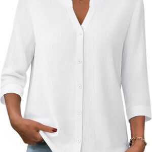 Button Down Shirts for Women 3/4 Sleeve Linen Cotton V Neck Tops Dressy Casual Loose Work Blouses