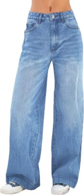 Women's  Wide Leg Jeans Distress High Waist Stretchy Denim Pants  Trousers Clothing