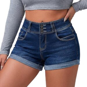Women High Waisted Stretchy Denim Shorts Cuffed Jean Shorts