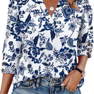 3/4 Length Sleeve Women Tops with Button Cuffs Dressy Casual V Neck Summer Outfits Early Fall Fashion Spring Clothes