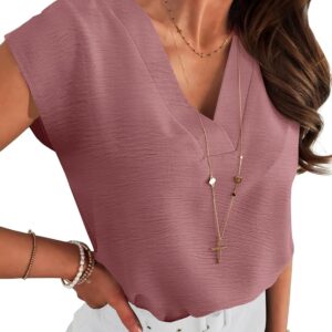 Women Tops Cap Sleeve Dressy Casual V Neck Shirts Summer Business Work Blouses Outfits Trendy Spring Clothing