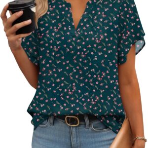 Women Dressy Casual Shirts Short Sleeve V Neck Work Blouse Business Casual Summer Chiffon Tops