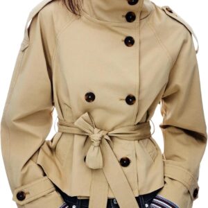 Women Cropped Trench Coat Double Breasted Short Jacket High Collar Fall Winter Coats Trendy Outfit with Belt